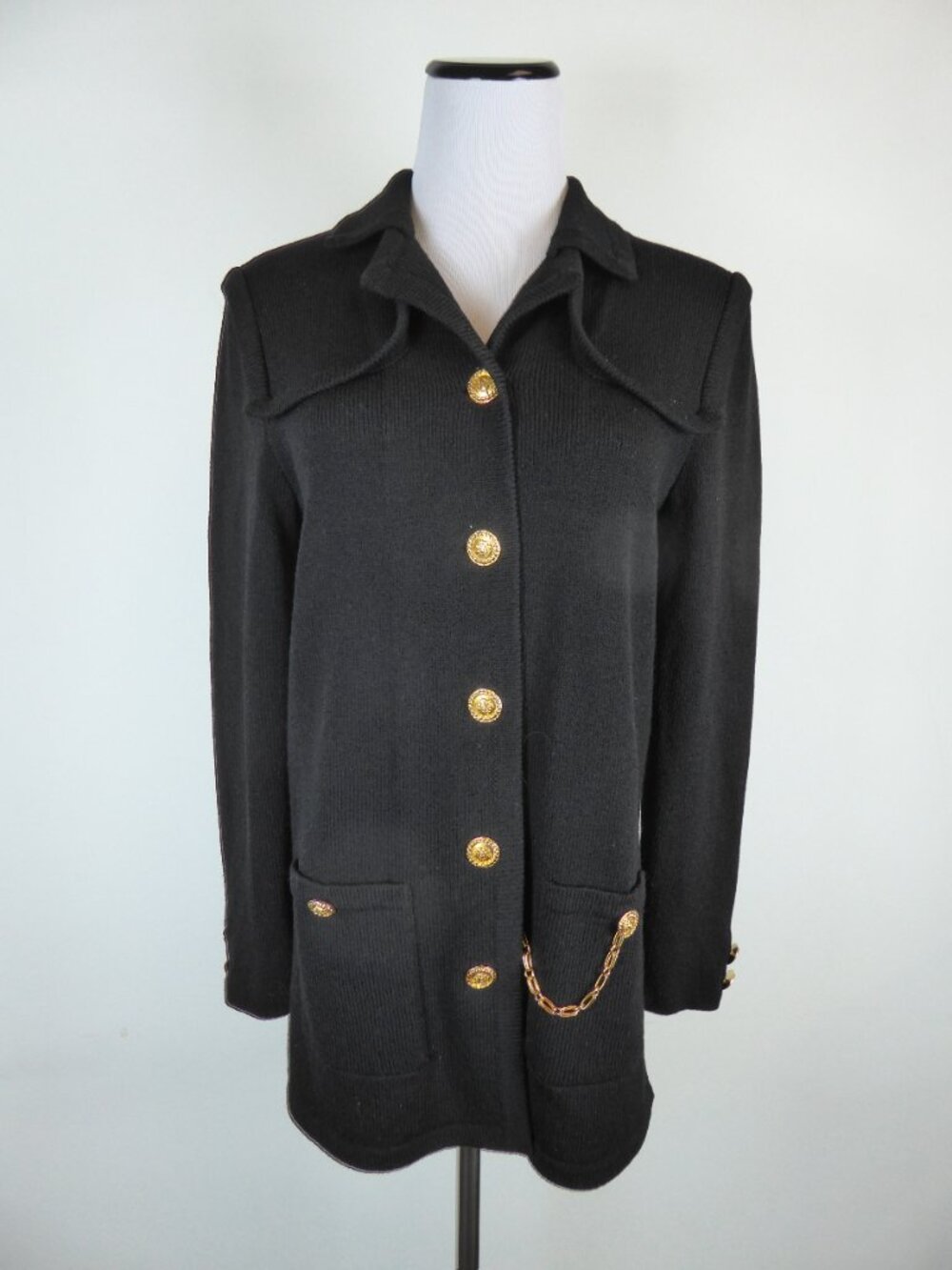ST JOHN SANTANA KNIT BLACK JACKET 8 logo buttons vintage classic